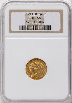 1911-D $2.50 Brown Label Indian Quarter Eagle NGC AU58