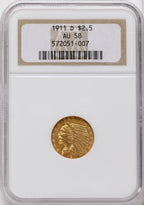 1911-D $2.50 Brown Label Indian Quarter Eagle NGC AU58