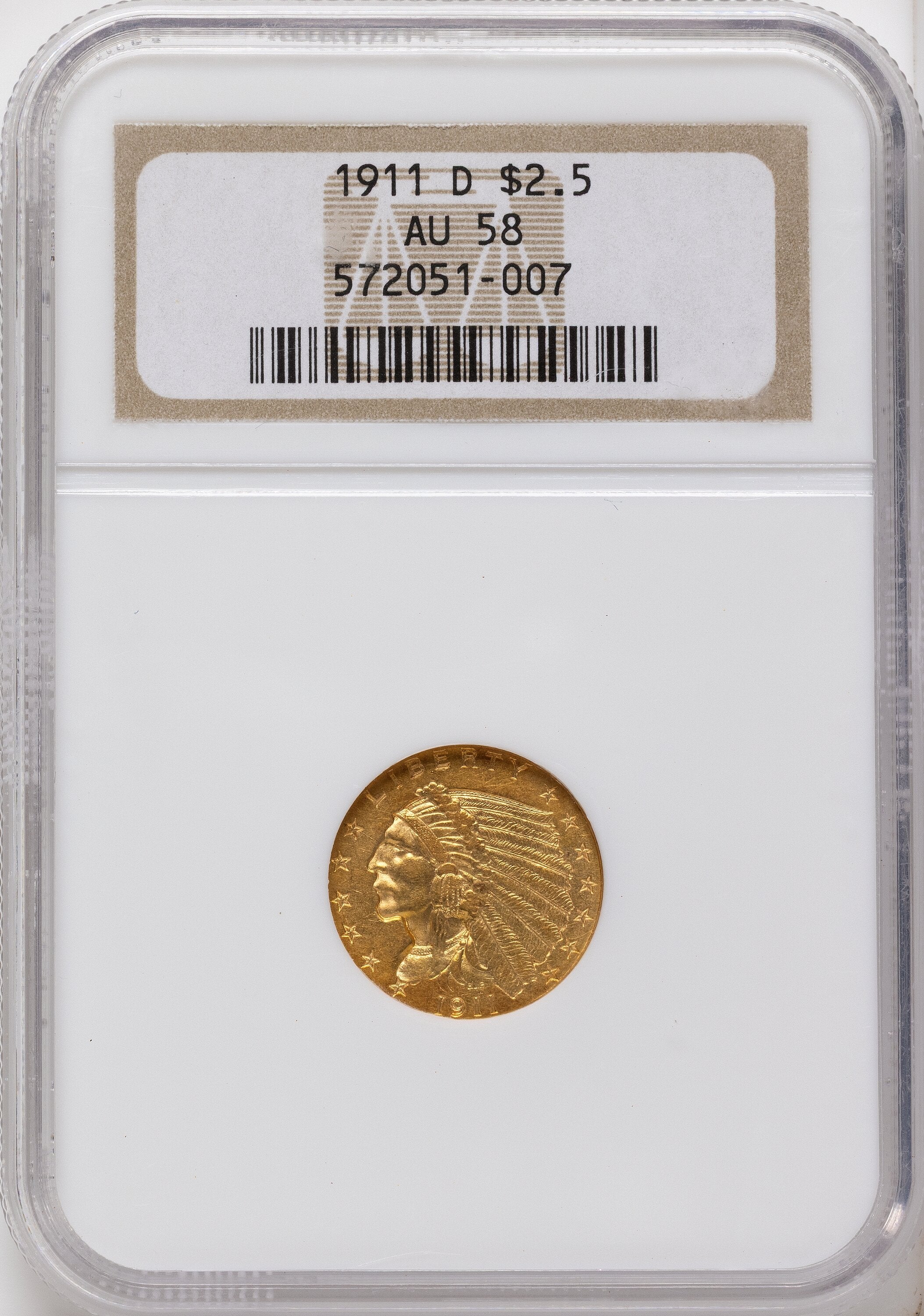 1911-D $2.50 Brown Label Indian Quarter Eagle NGC AU58