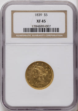 1839 $5 Brown Label Liberty Half Eagle NGC XF45