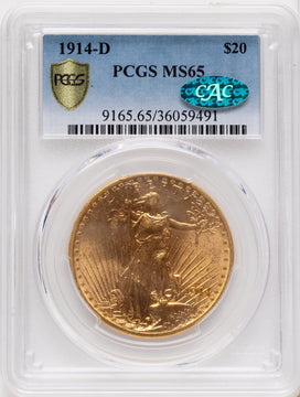 1914-D $20 CAC Blue Gradient Saint-Gaudens Double Eagle PCGS MS65