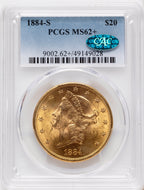 1884-S $20 CAC Blue Gradient Liberty Double Eagle PCGS MS62+