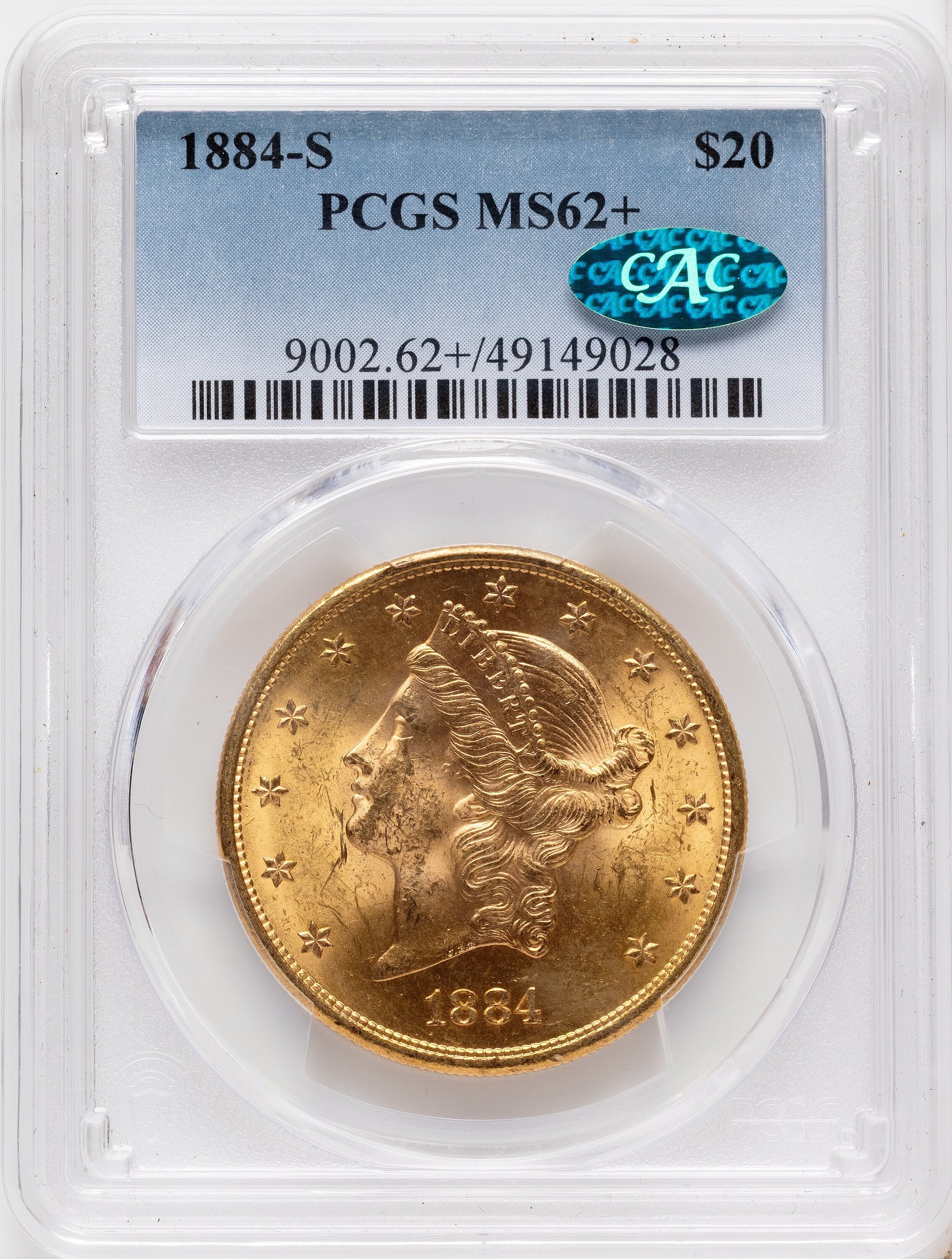 1884-S $20 CAC Blue Gradient Liberty Double Eagle PCGS MS62+