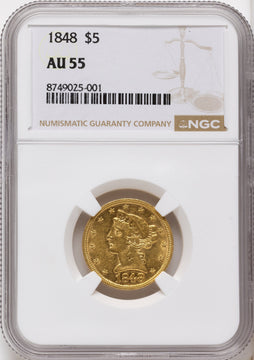 1848 $5 Liberty Half Eagle NGC AU55