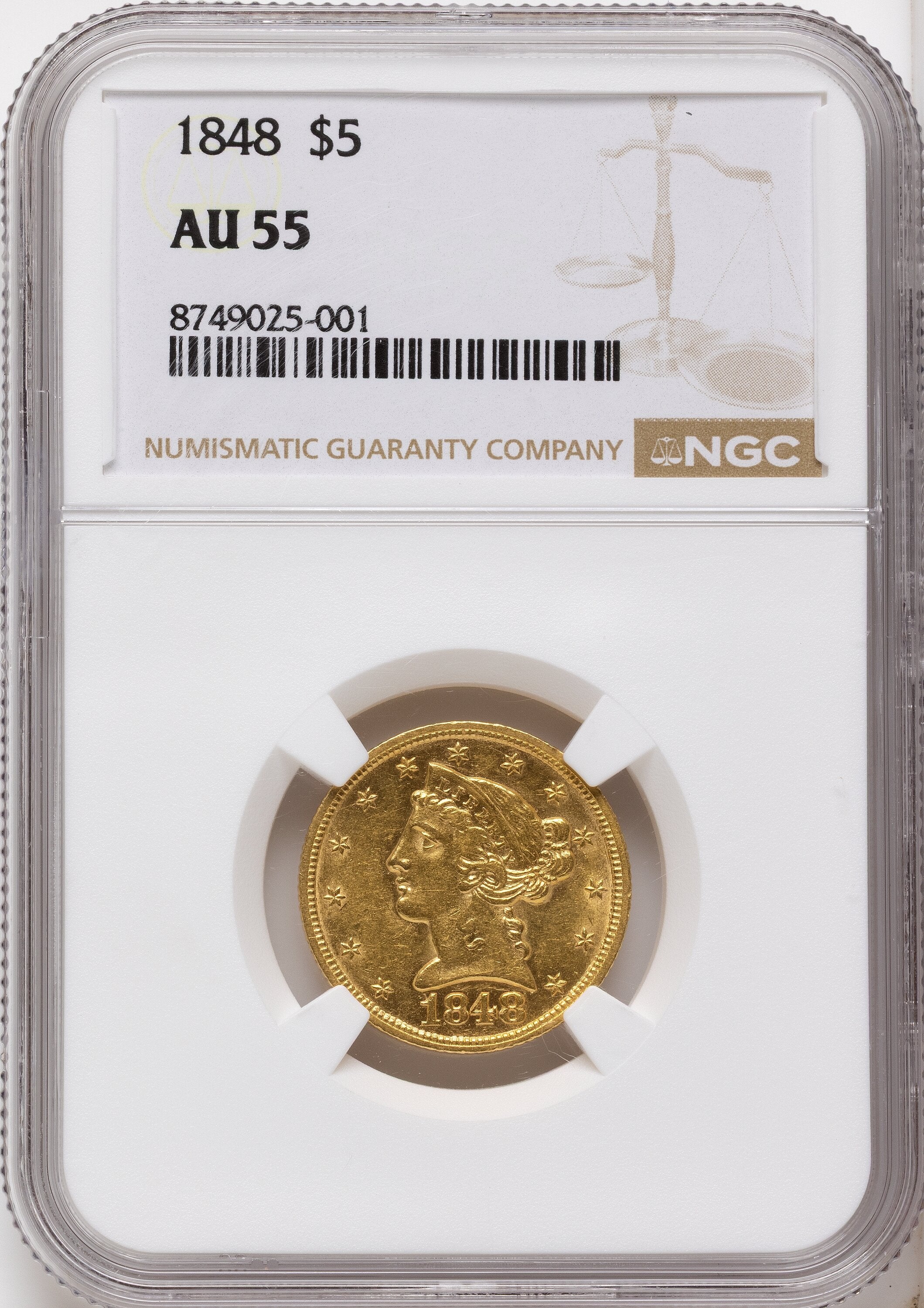 1848 $5 Liberty Half Eagle NGC AU55