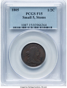 1805 1/2 C Small 5 Stems C-3 BN Half Cent PCGS F15