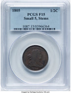 1805 1/2 C Small 5 Stems C-3 BN Half Cent PCGS F15