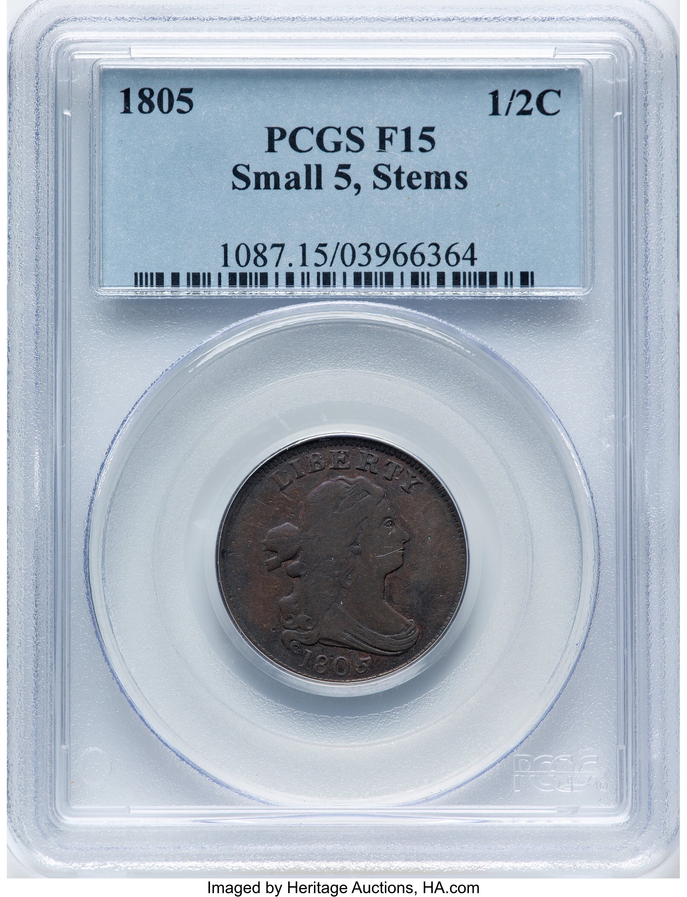 1805 1/2 C Small 5 Stems C-3 BN Half Cent PCGS F15