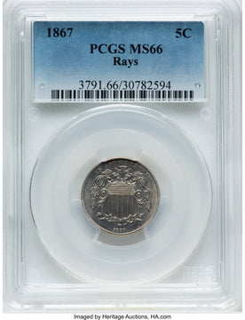 1867 5C RAYS Shield Nickel PCGS MS66