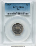 1867 5C RAYS Shield Nickel PCGS MS66