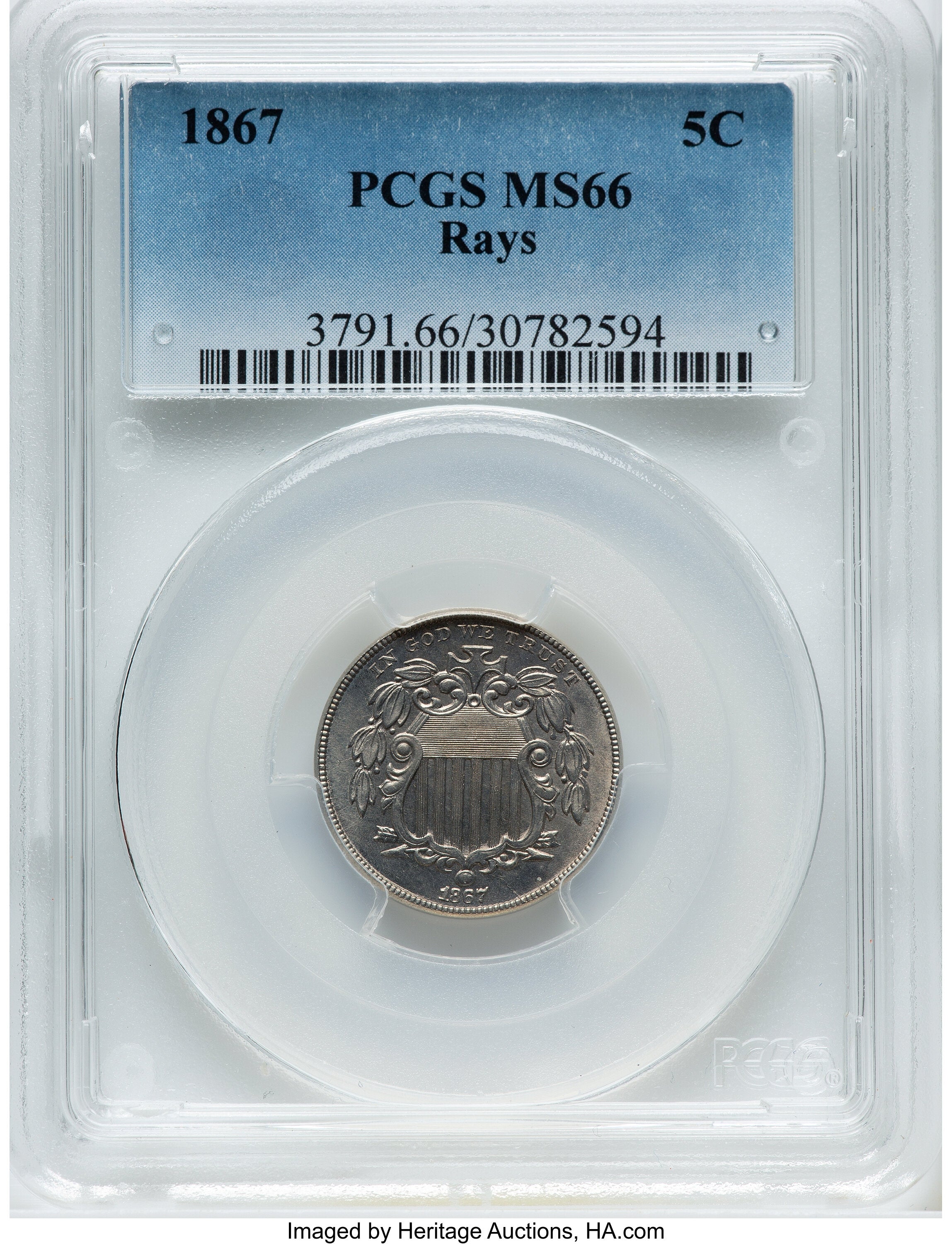 1867 5C RAYS Shield Nickel PCGS MS66