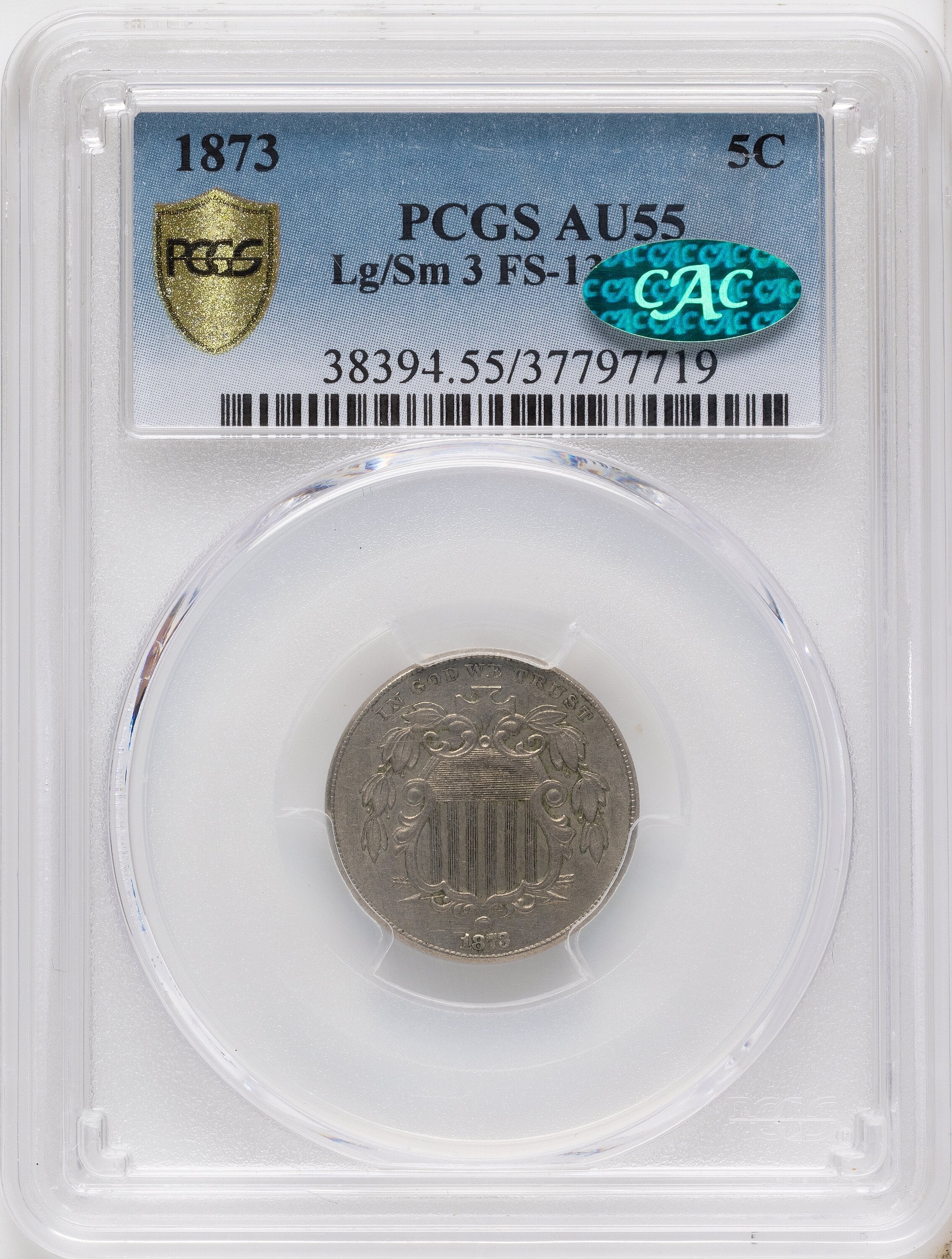 1873 5C FS-1301 CAC Shield Nickel PCGS AU55