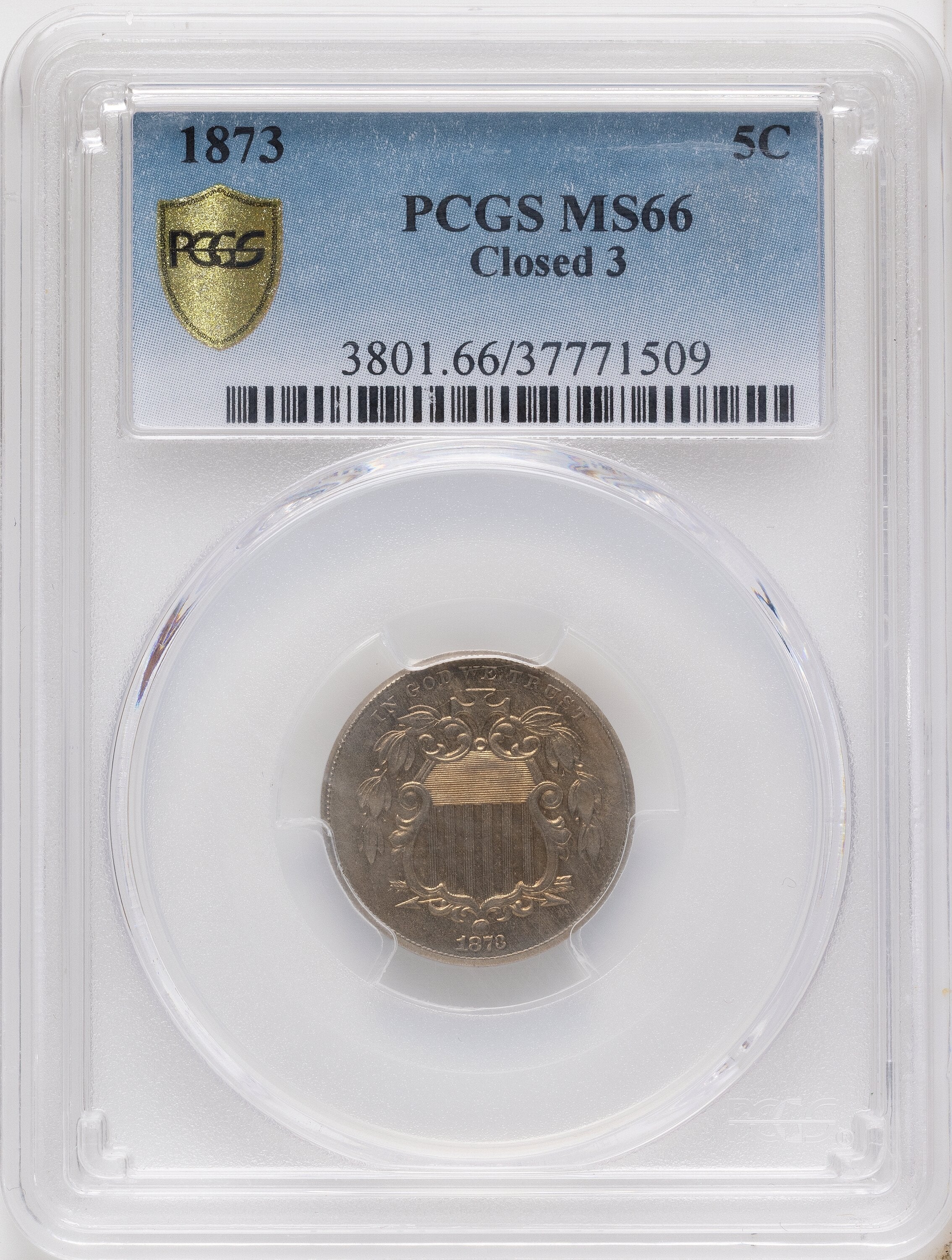 1873 5C Closed 3 Shield Nickel PCGS MS66