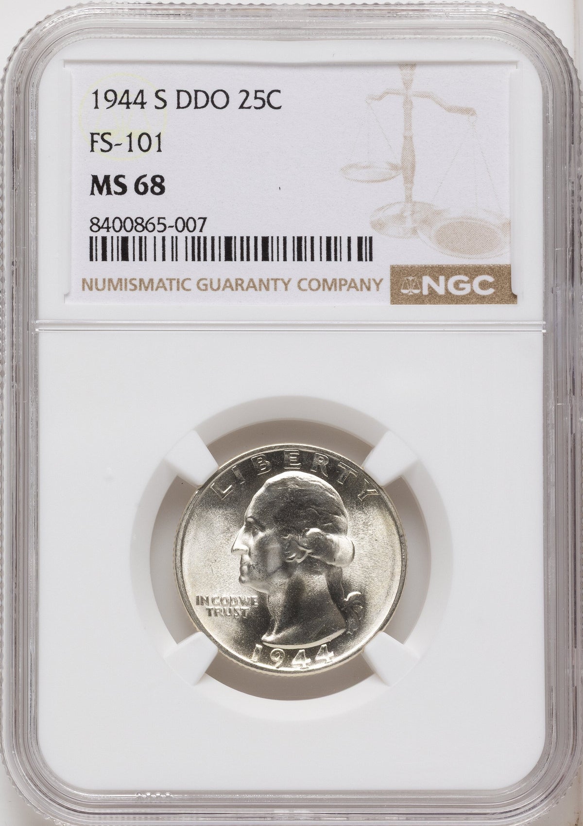1944-S 25C DDO FS-101 Washington Quarter NGC MS68