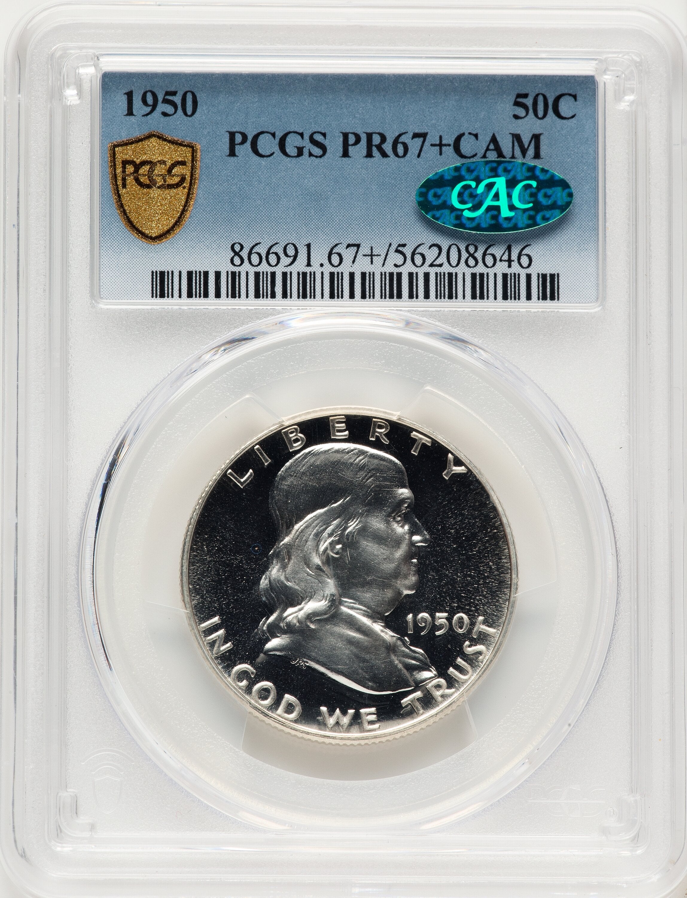 1950 50C CA CAC Proof Franklin Half Dollar PCGS PR67+