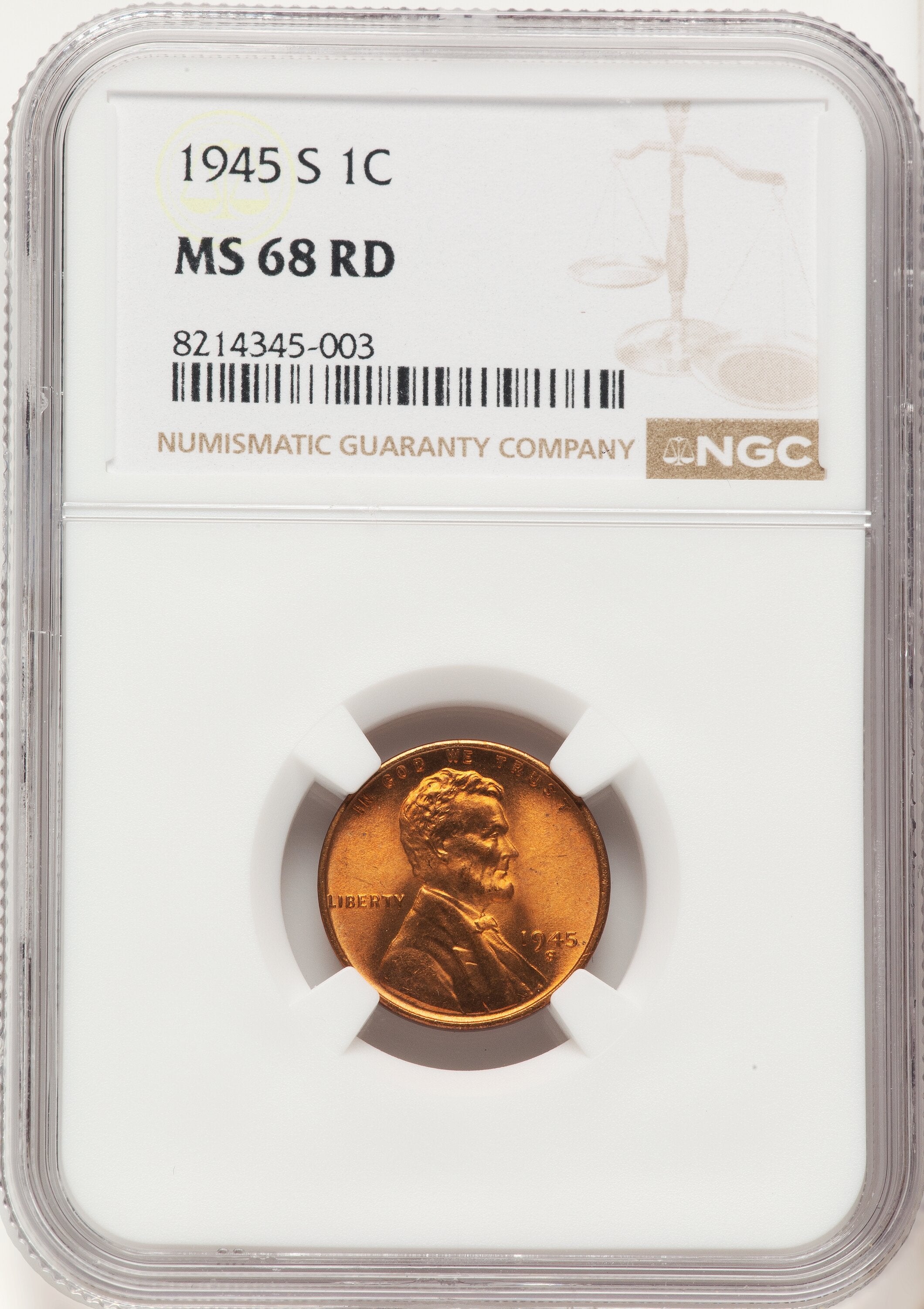 1945-S 1C RD Lincoln Cent NGC MS68