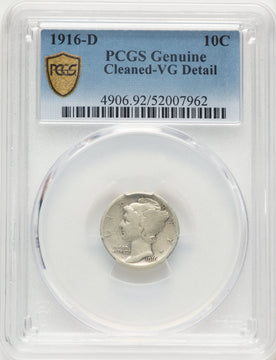 1916-D 10C Genuine Mercury Dime Genuine PCGS VG8