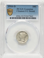 1916-D 10C Genuine Mercury Dime Genuine PCGS VG8