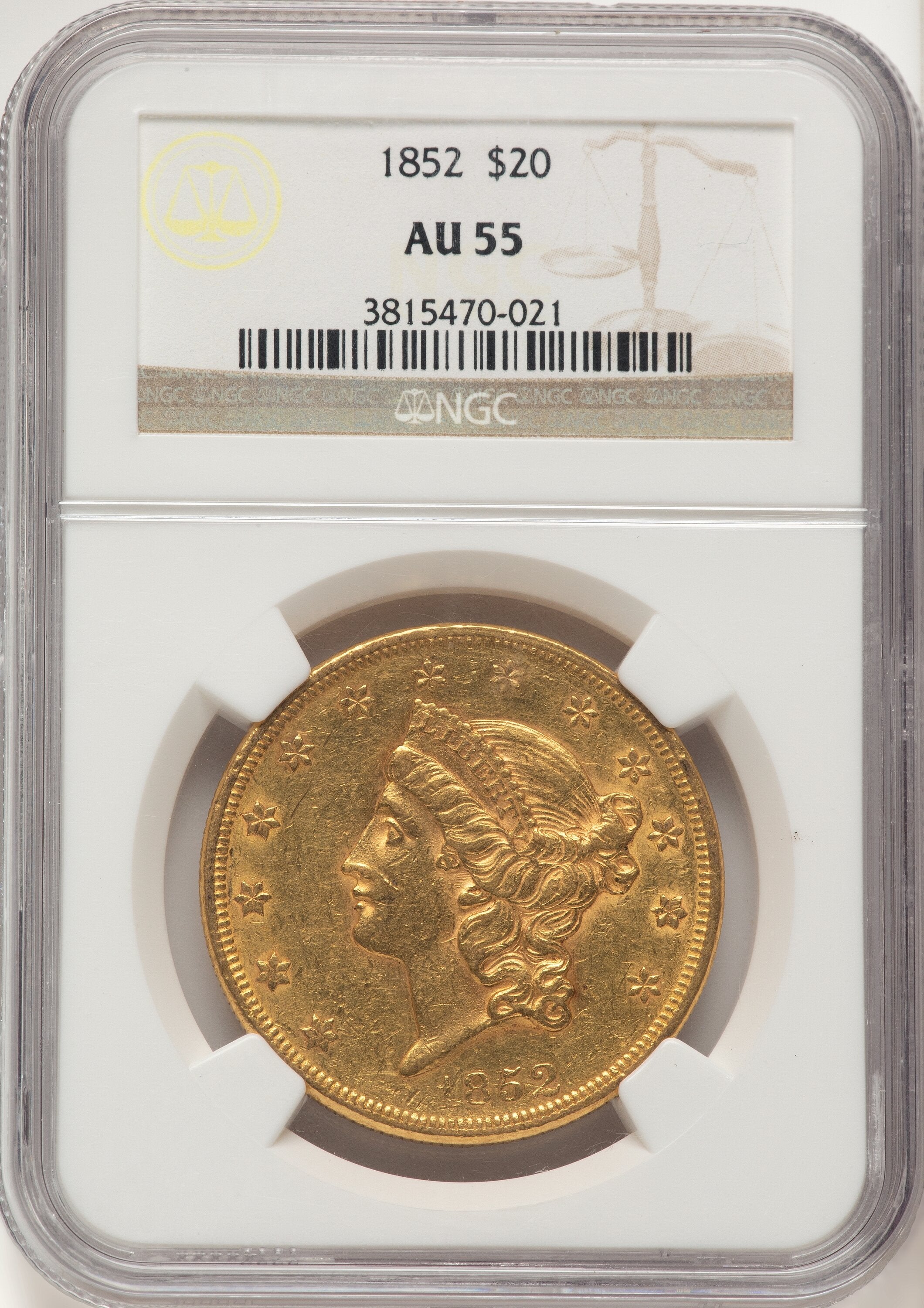 1852 $20 Liberty Double Eagle NGC AU55
