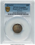 1874-CC 10C F-101 Genuine Seated Dime Genuine PCGS VF20