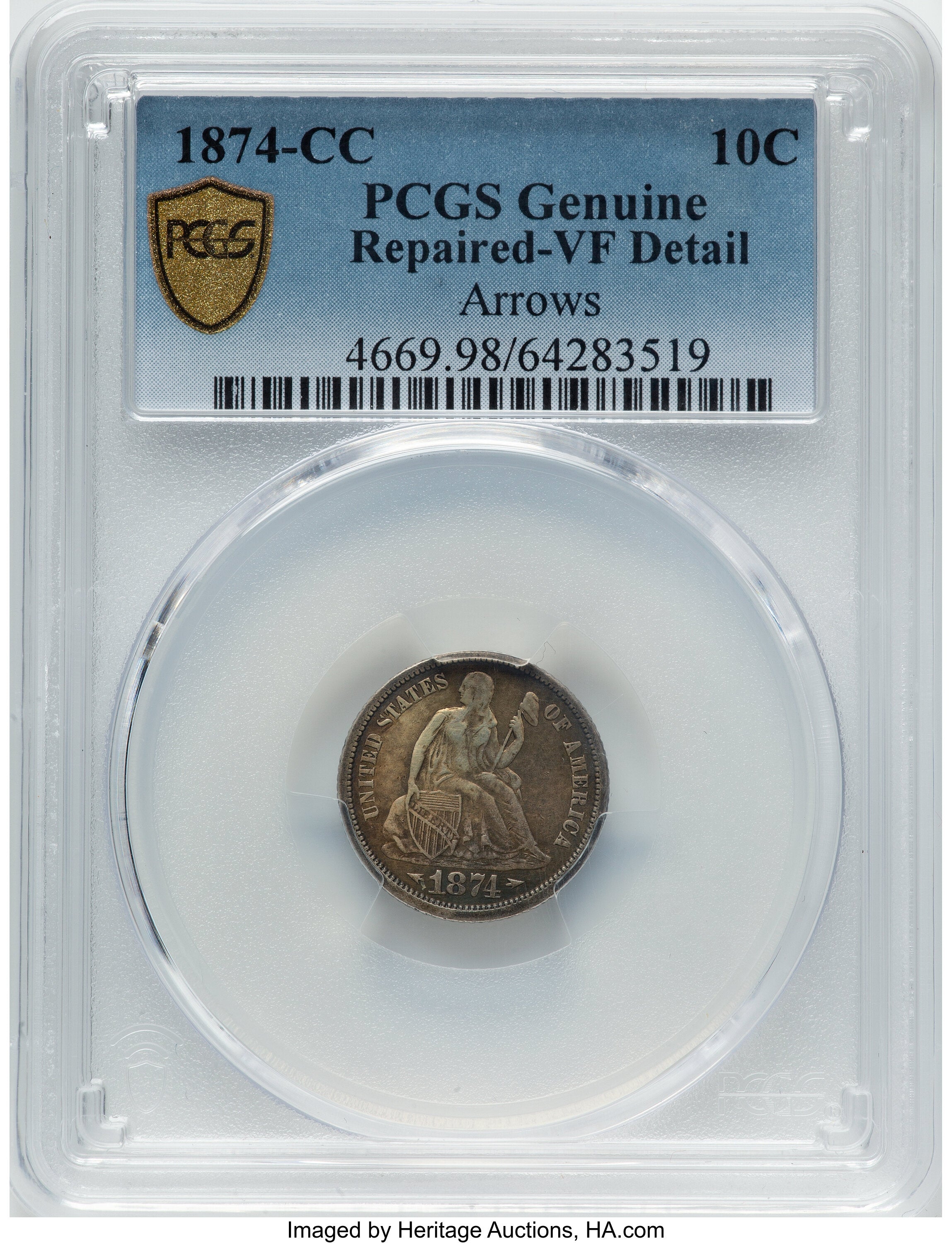 1874-CC 10C F-101 Genuine Seated Dime Genuine PCGS VF20