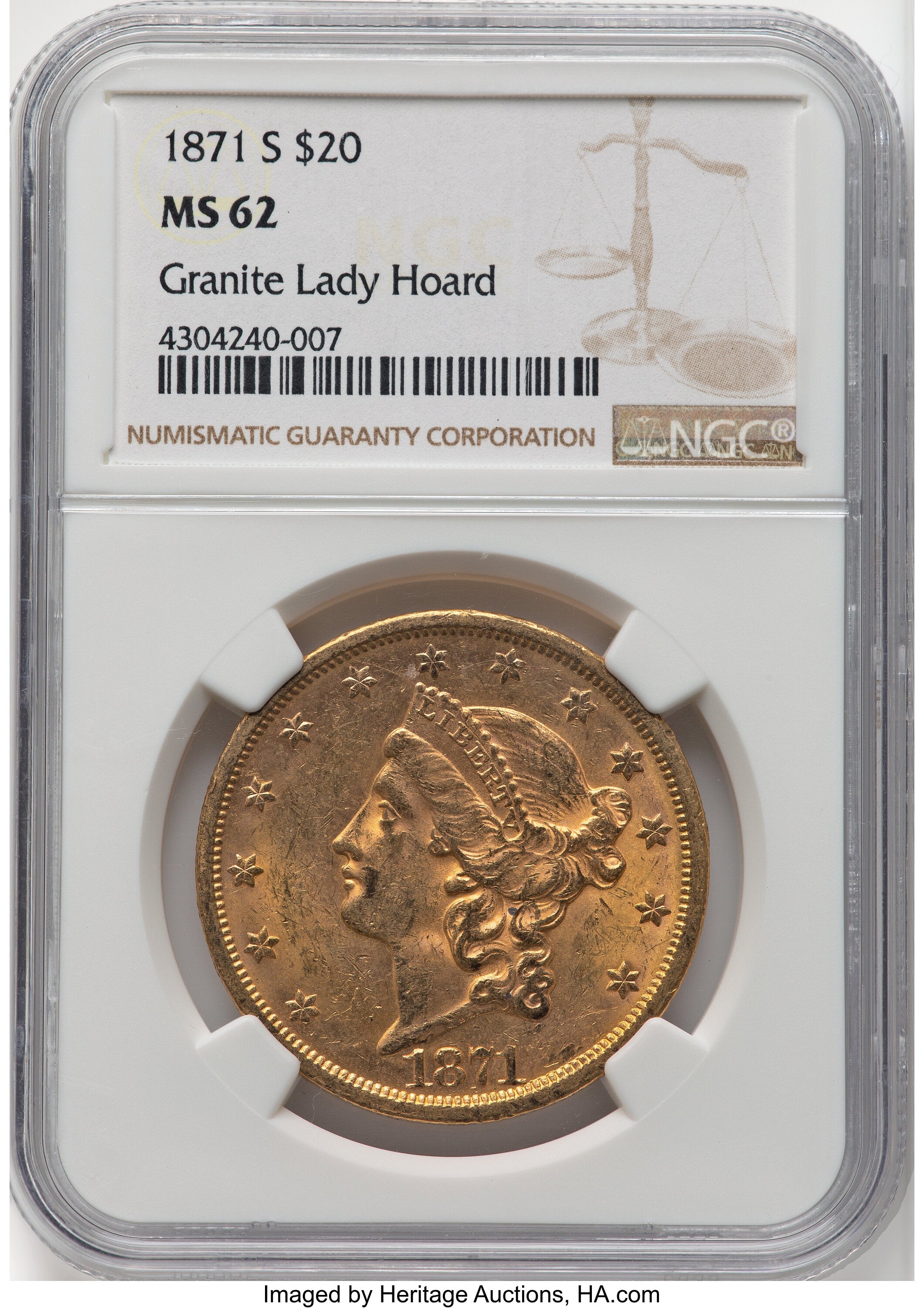 1871-S $20 Liberty Double Eagle NGC MS62