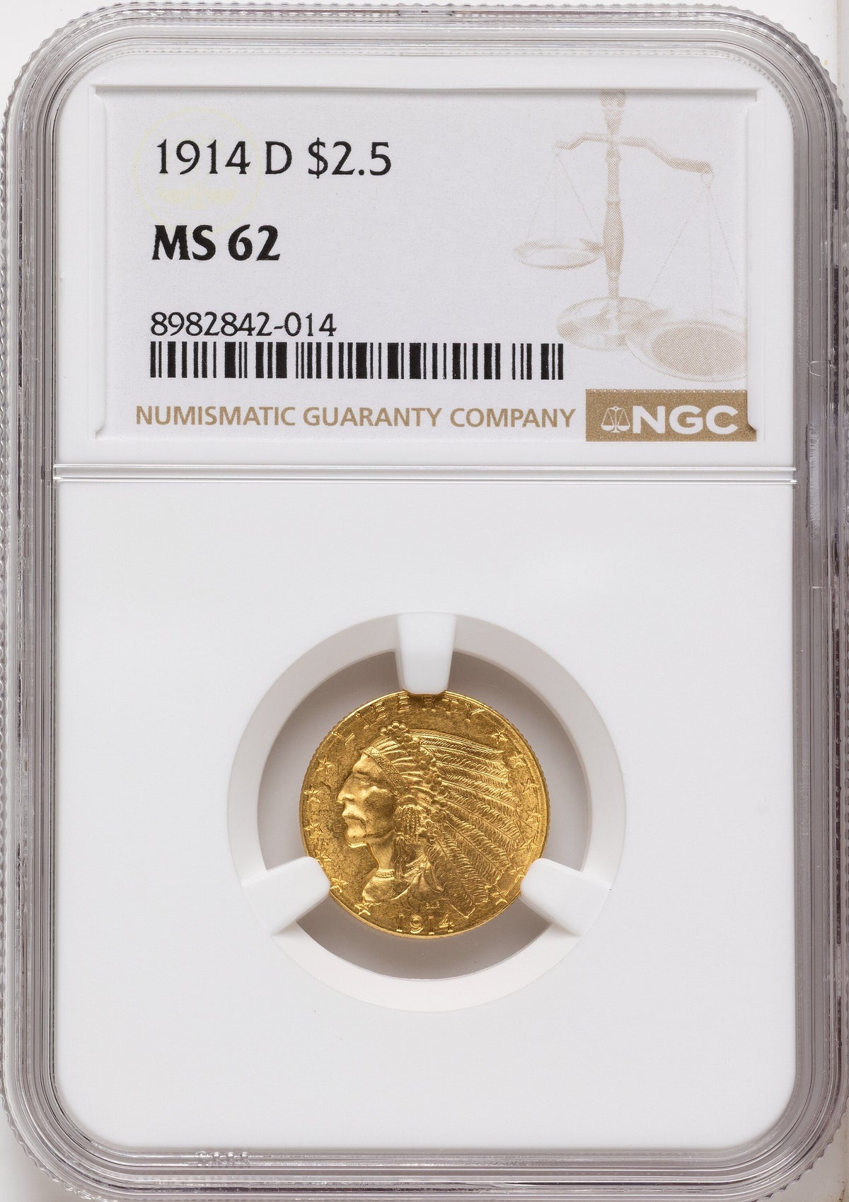 1914-D $2.50 Indian Quarter Eagle NGC MS62