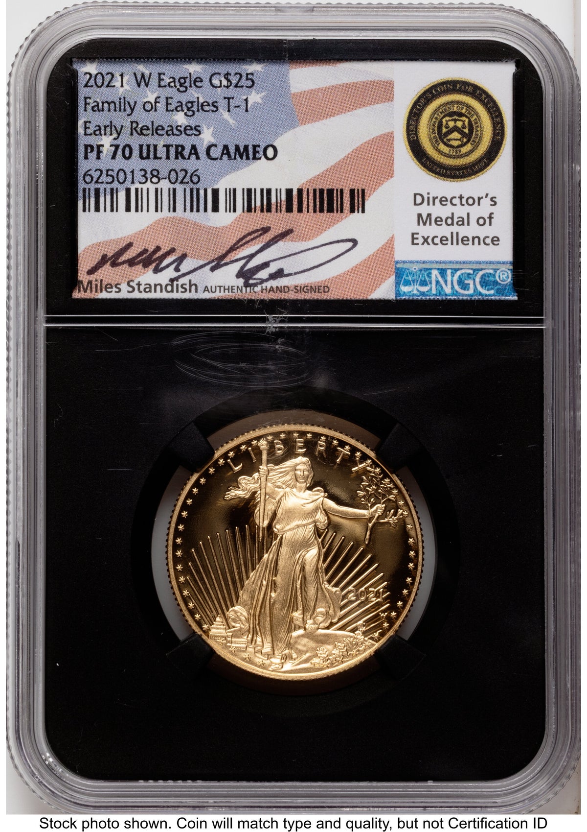 2021-W Type 1 Proof Gold Eagle 1/2 oz ER Miles Standish NGC PF70
