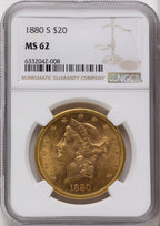 1880-S $20 Brown Label Liberty Double Eagle NGC MS62