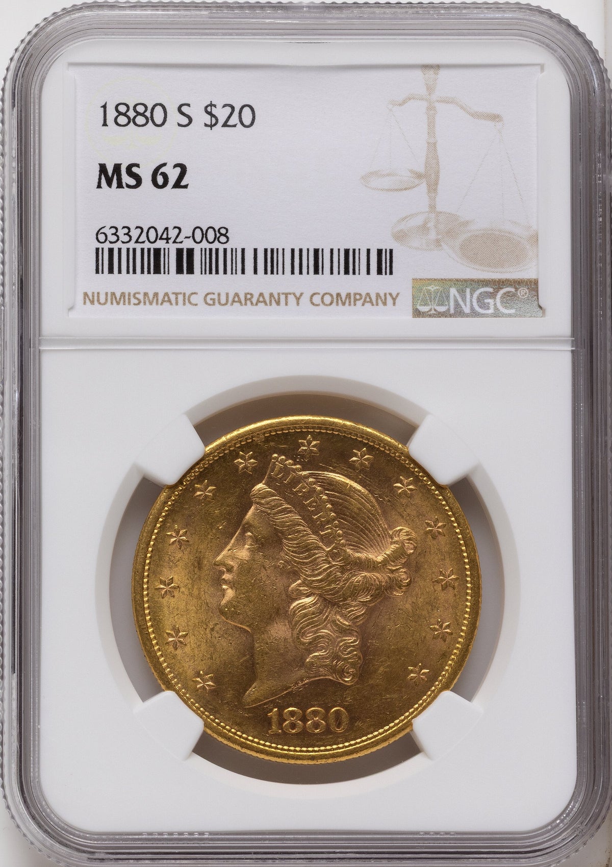 1880-S $20 Brown Label Liberty Double Eagle NGC MS62
