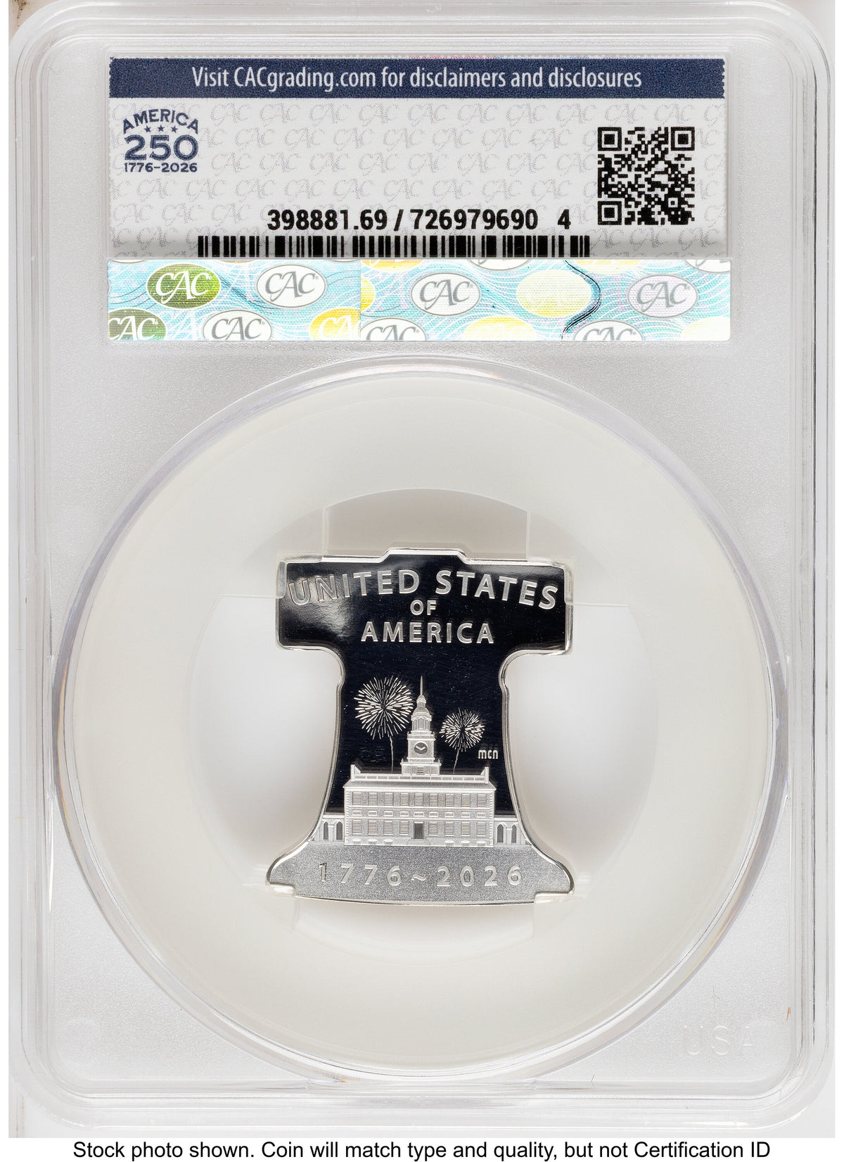 2026-P Freedom Ringing Liberty Bell 1/2 oz Silver Medal First Day of Delivery America 250 Flag Label CACG MS69