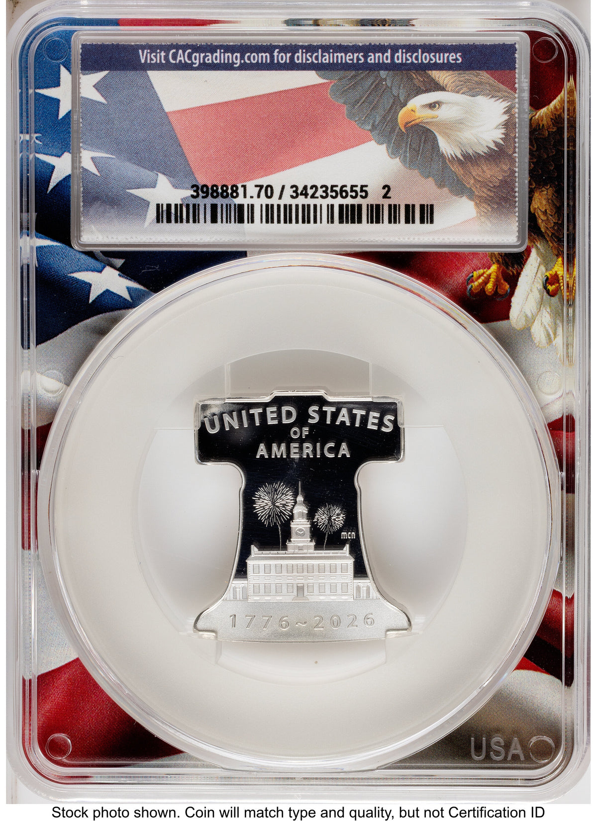 2026-P Freedom Ringing Liberty Bell 1/2 oz Silver Medal First Day of Delivery Ron Drzewucki Flag Core CACG MS70