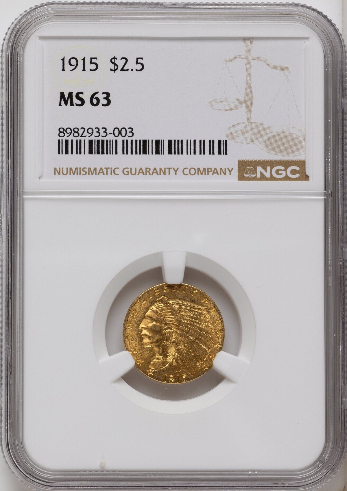 1915 $2.50 Indian Quarter Eagle NGC MS63