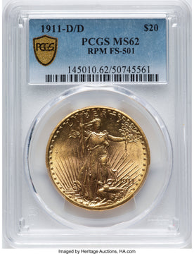 1911-D/D $20 RPM FS-501 Saint-Gaudens Double Eagle PCGS MS62