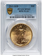 1911-D/D $20 RPM FS-501 Saint-Gaudens Double Eagle PCGS MS62