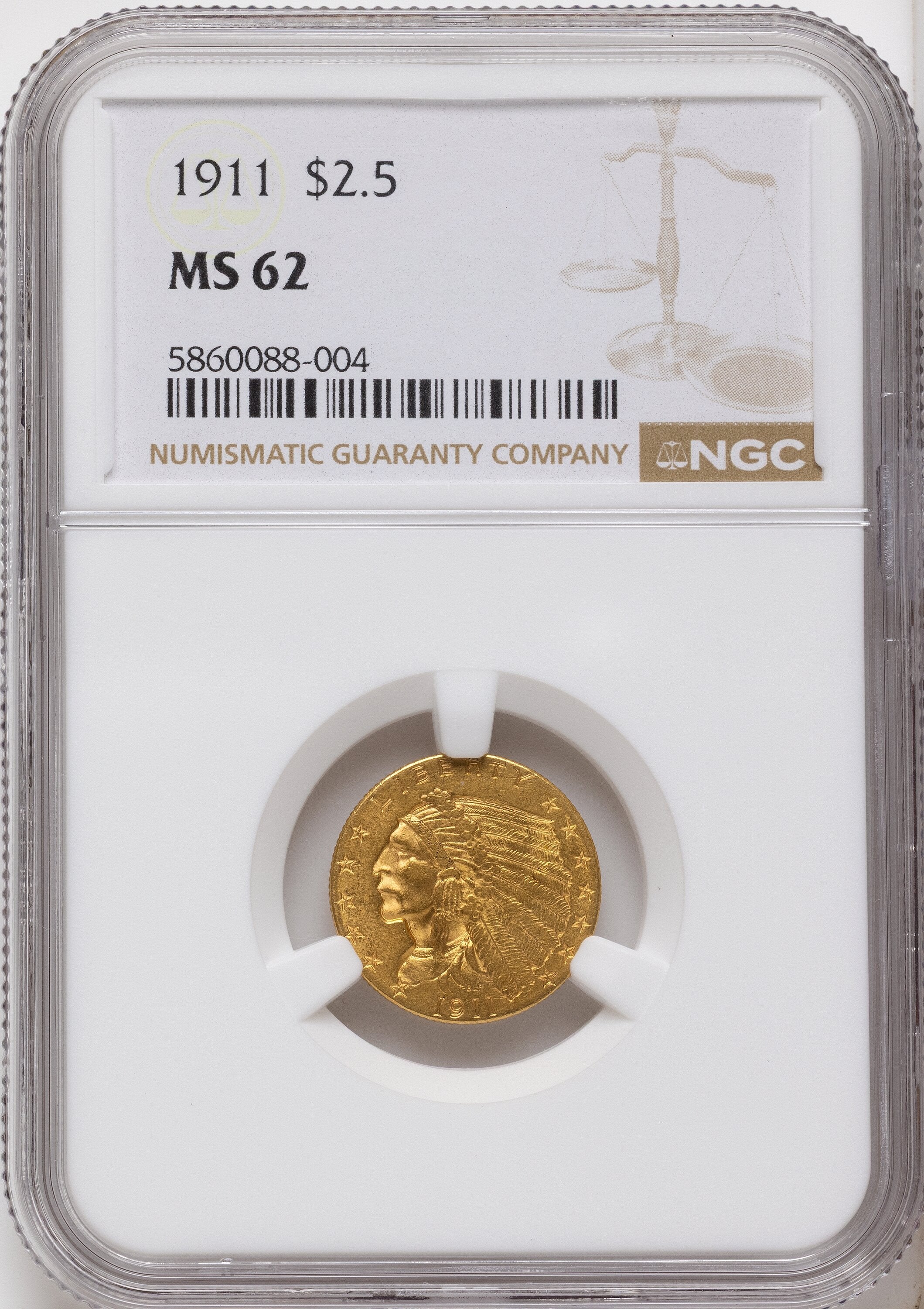 1911 $2.50 Indian Quarter Eagle NGC MS62