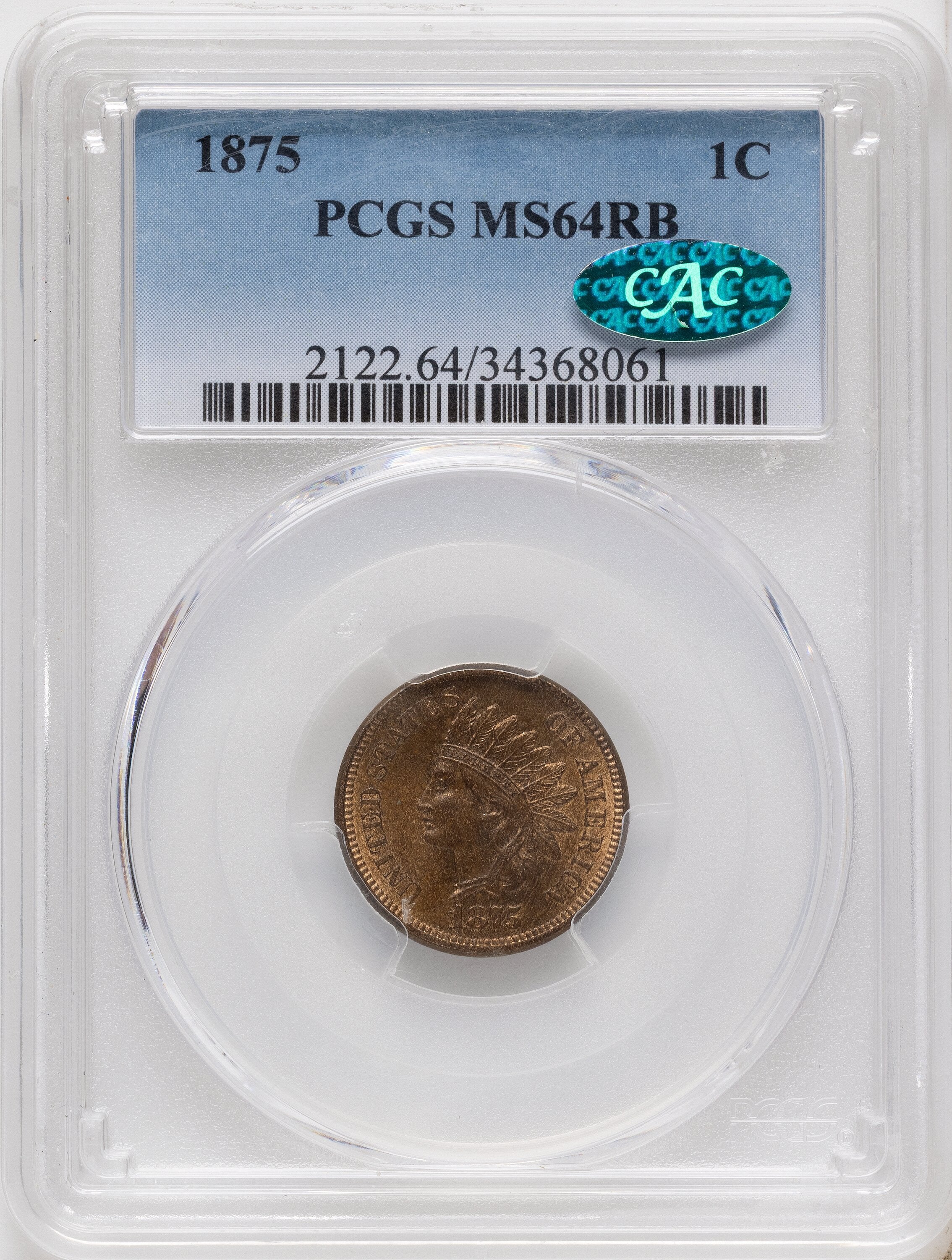 1875 1C RB CAC Indian Cent PCGS MS64