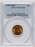 1909 1C VDB RD Lincoln Cent PCGS MS67