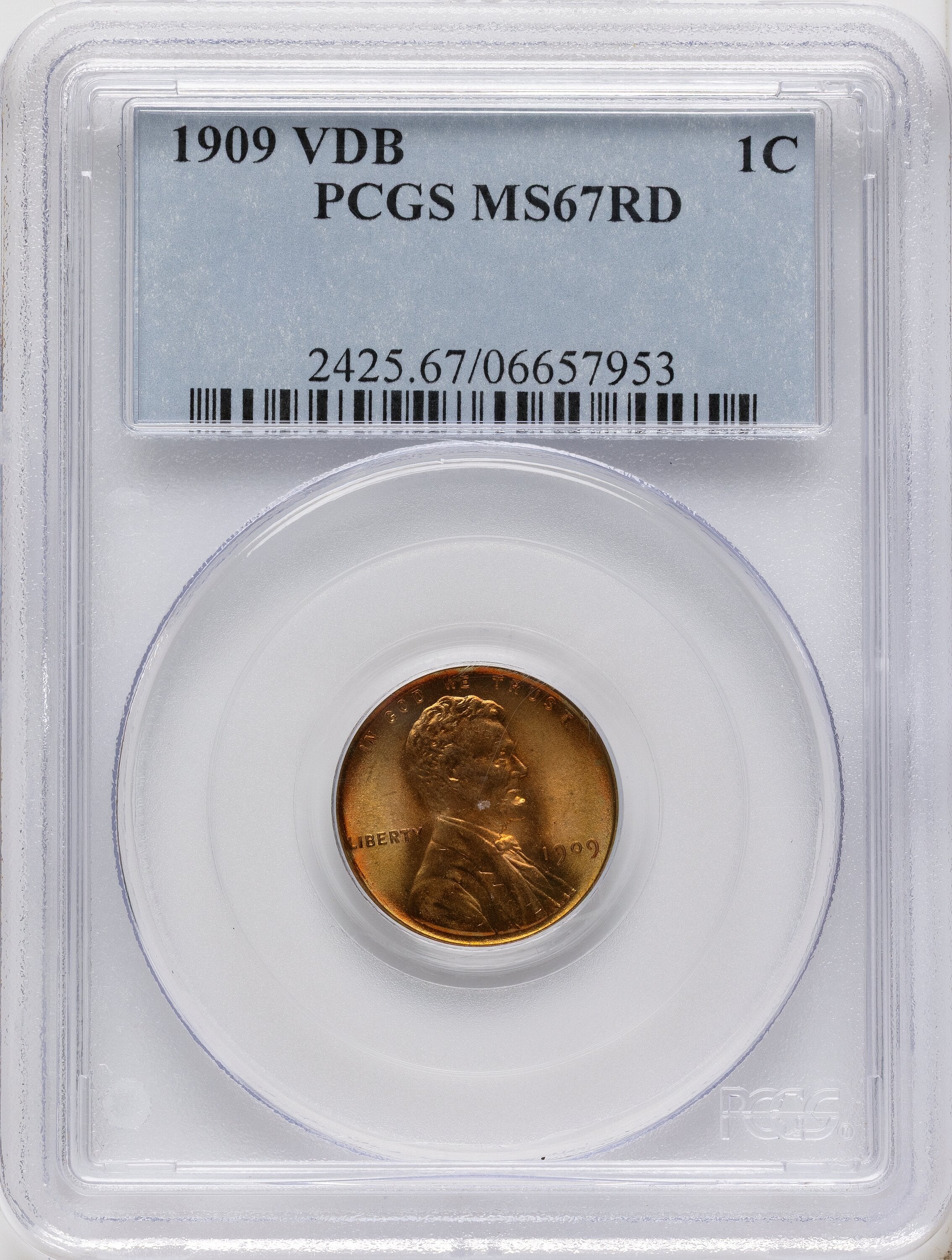 1909 1C VDB RD Lincoln Cent PCGS MS67