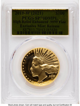 2019-W G$100 American Liberty High Relief Enhanced DMPL 2021 Exclusive Mint Release Gold Foil PCGS MS70