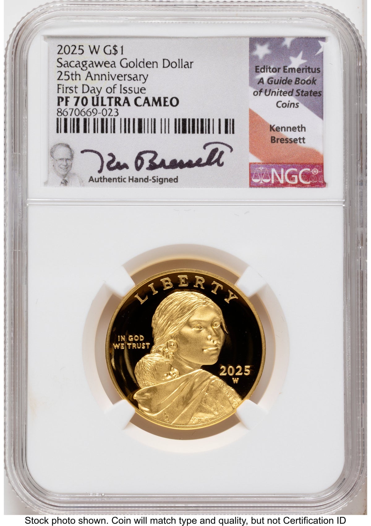2025-W 1/2 oz Proof Gold Sacagawea 25th Anniversary FDI Kenneth Bressett Portrait NGC PF70