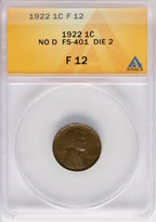 1922 No D Weak Reverse BN Lincoln Cent ANACS F12