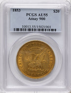 1853 $20 Assay Office 900 Thous. Territorial Gold PCGS AU55