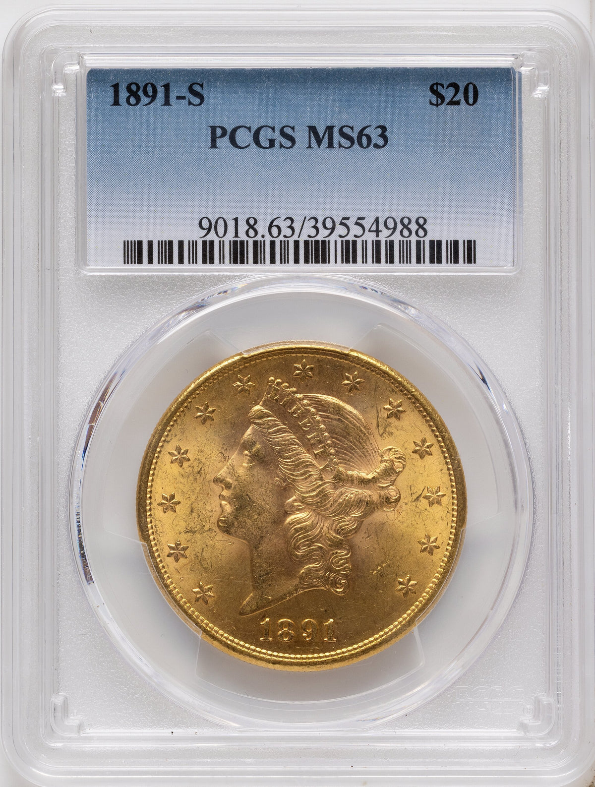 1891-S $20 Liberty Double Eagle PCGS MS63