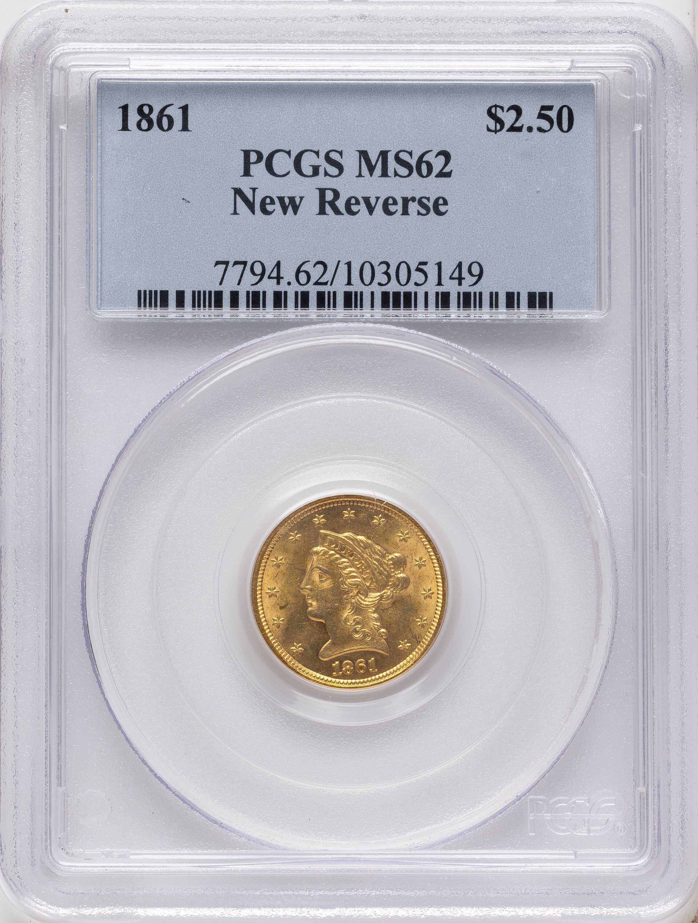 1861 $2.50 New Reverse Type 2 Liberty Quarter Eagle PCGS MS62