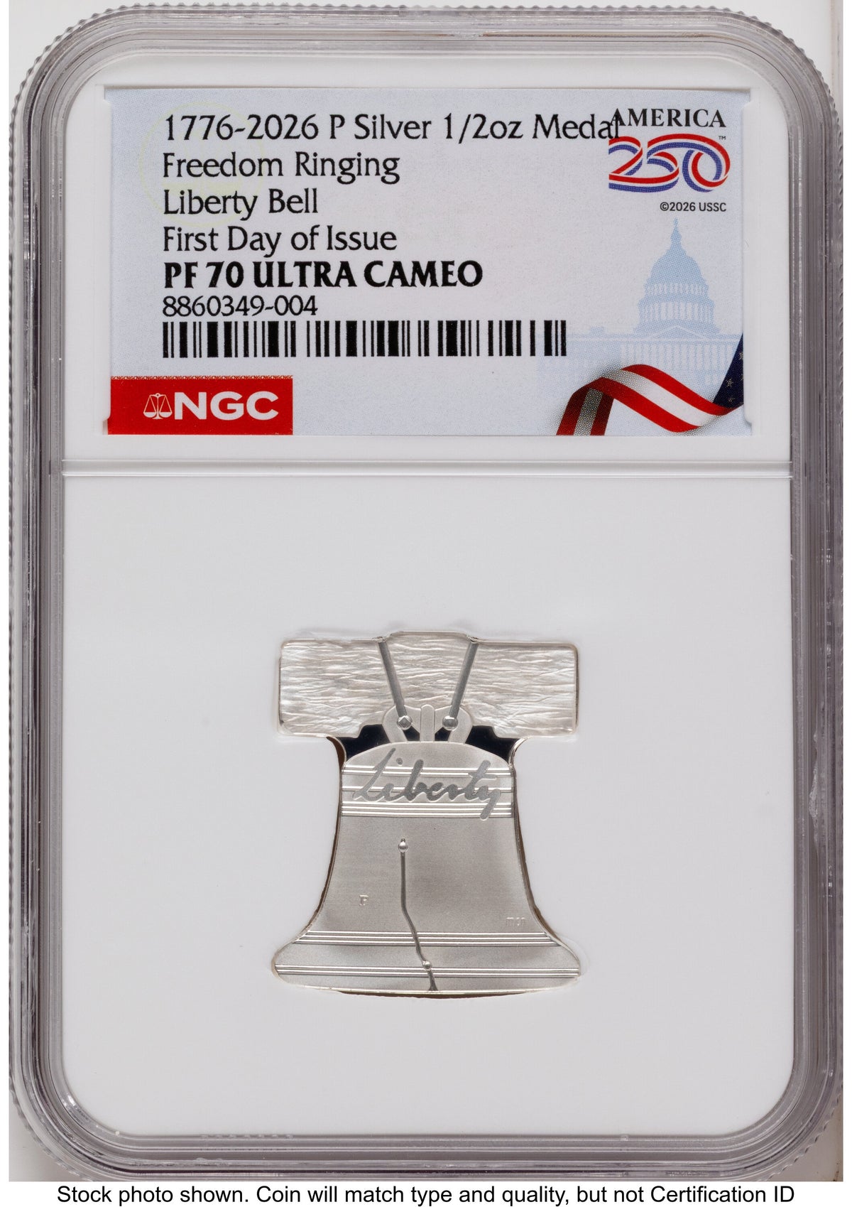 2026-P Freedom Ringing Liberty Bell 1/2 oz Silver Medal FDI America 250 Congress Building Label NGC MS70