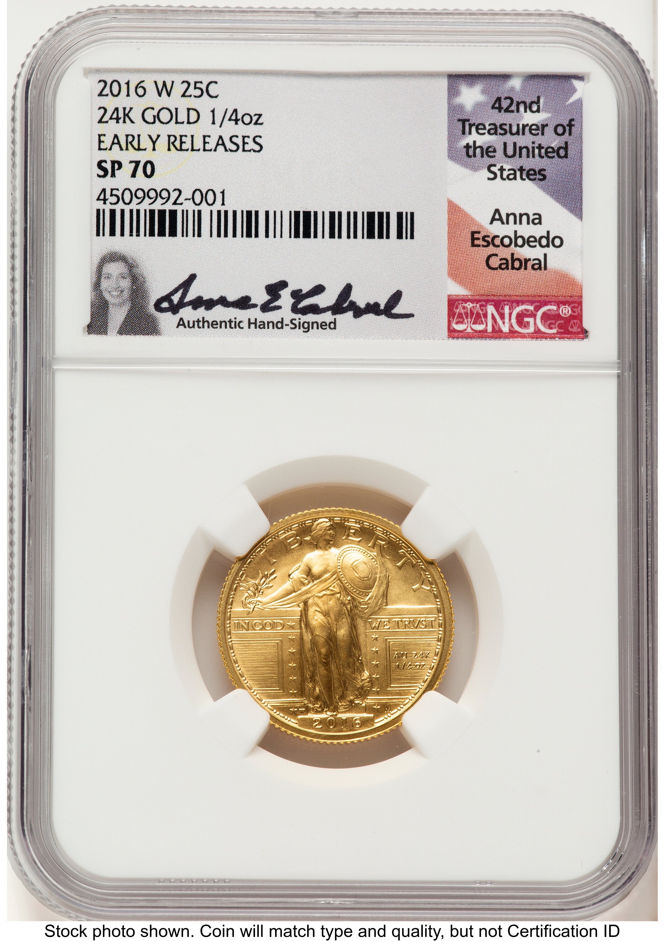 2016-W 25C Standing Liberty 100th Anniversary Gold Centennial ER Anna Cabral NGC MS70