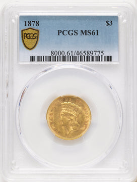 1878 $3 Three Dollar Gold Pieces PCGS MS61