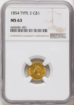 1854 G$1 Type Two Gold Dollar NGC MS63