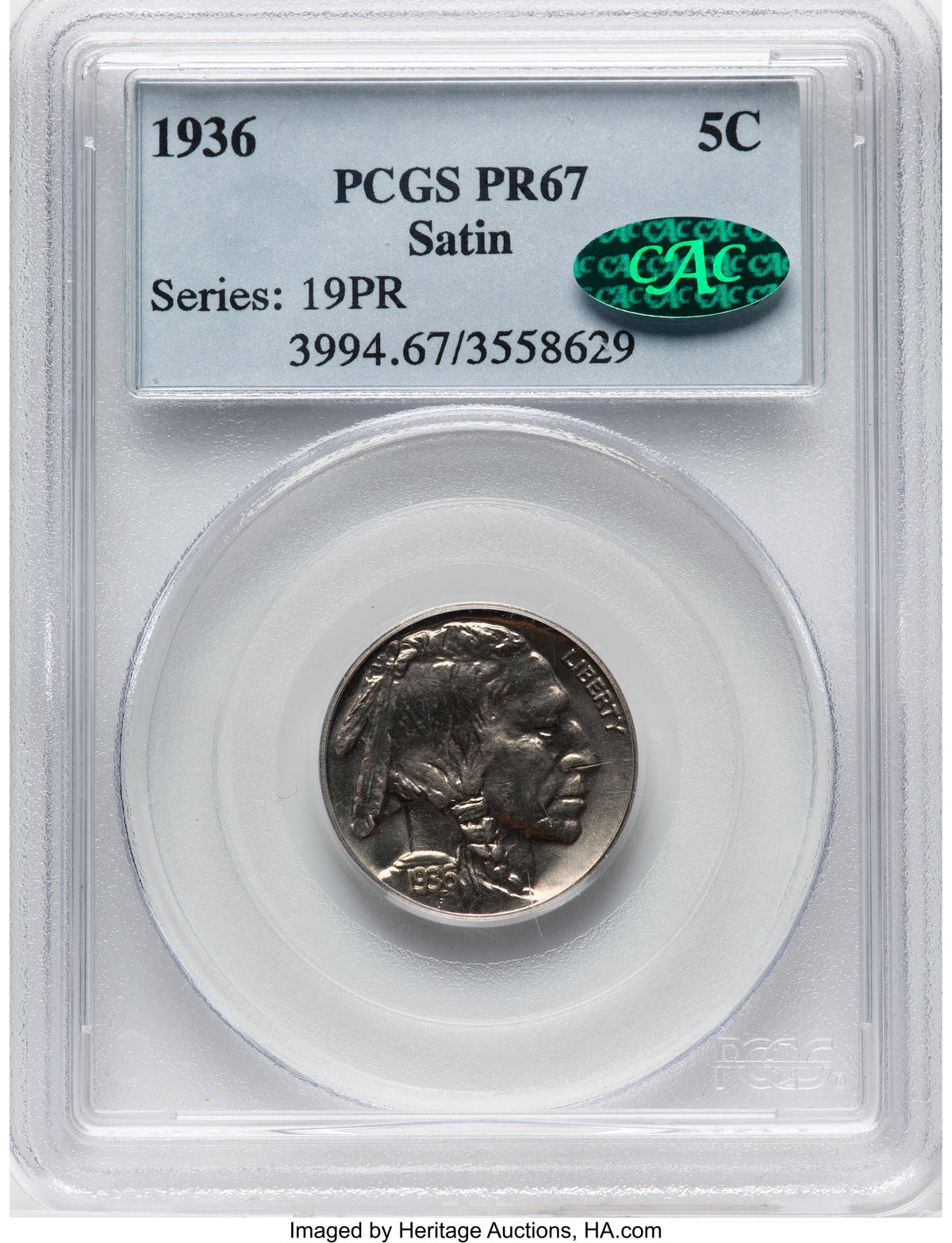 1936 5C T-1 Satin CAC Proof Buffalo Nickel PCGS PR67